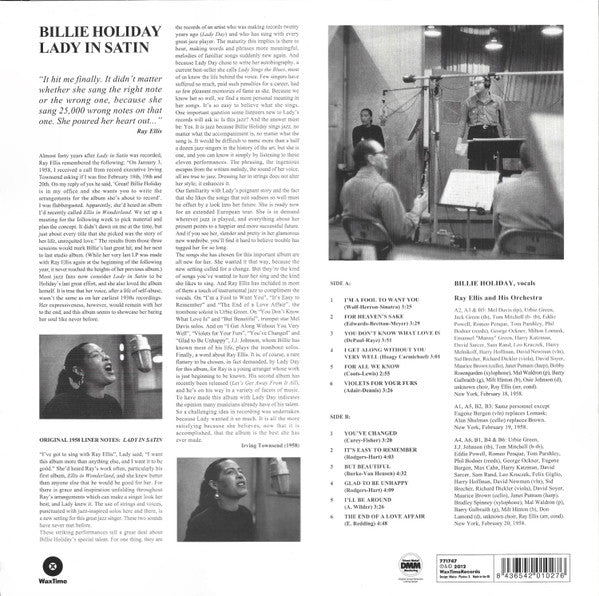 BILLIE HOLIDAY WITH RAY ELLIS AND HIS ORCHESTRA, Lady In Satin (WaxTime; 771747, Europe 2012 Reissue, 180 Gram Black Vinyl) LP NEW/NEW - Image 2