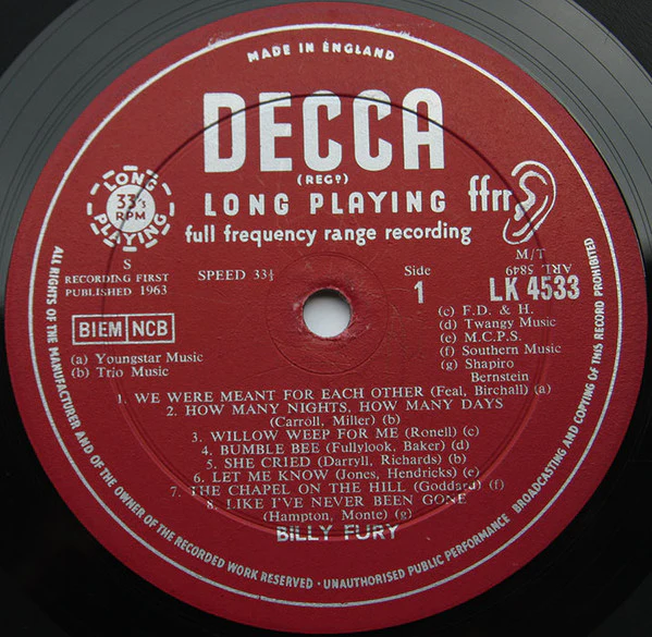 BILLY FURY, Billy (Decca Red Unboxed; LK 4533, UK 1963, Laminated Flipback Sleeve, Mono) LP VG/VG - Image 3