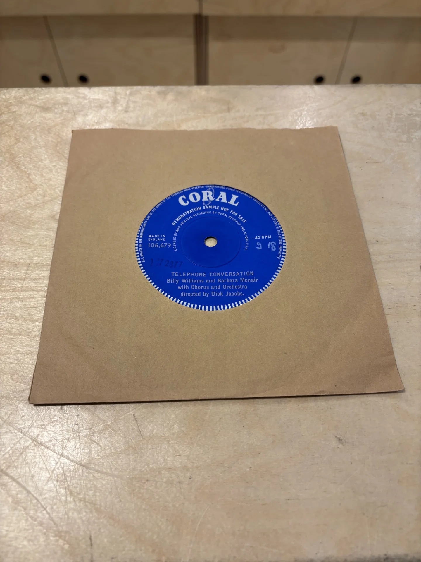 BILLY WILLIAMS & BARBARA MCNAIR, Telephone Conversation / Go To Sleep, Go To Sleep, Go To Sleep (Coral; 106,680, UK 1959, DEMONSTRATION SAMPLE NOT FOR SALE., Single Sided, Solid Centres) 2x7" /VG+