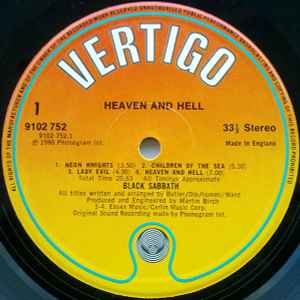 BLACK SABBATH, Heaven And Hell (Vertigo; 9102 752, UK 1980, Essex Music / Carlin Music) LP VG/VG - Image 3
