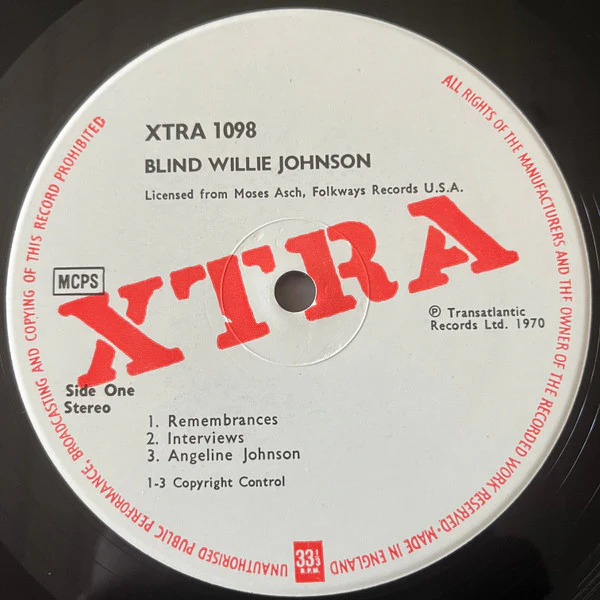 BLIND WILLIE JOHNSON, His Story (XTRA; XTRA 1098, UK 1970 Reissue, Laminated Sleeve, Stereo) LP VG+/EX - Image 3
