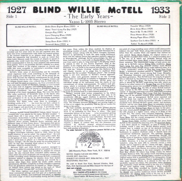 BLIND WILLIE MCTELL, The Early Years - 1927-1933 (Yazoo; L-1005, US Reissue) LP VG/VG - Image 2
