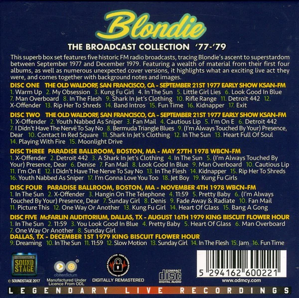 BLONDIE, The Broadcast Collection '77 - '79 (Sound Stage; SS5CDBOX2, Europe 2017, Box Set, 5 Inners & Booket) 5xCD VG+/VG+ - Image 2
