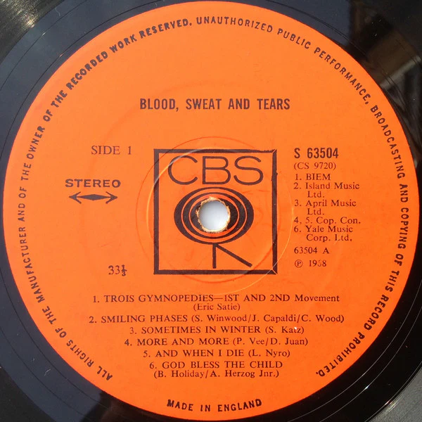 BLOOD, SWEAT & TEARS, Blood, Sweat & Tears (CBS; 63504, UK 1968, Inside-Loading Gatefold Sleeve) LP VG/VG+ - Image 3
