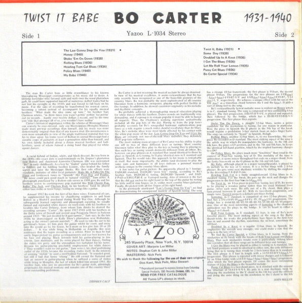 BO CARTER, Twist It Babe 1931-1940 (Yazoo; L-1034, US Reissue, Pasteback Sleeve) LP VG+/VG+ - Image 2