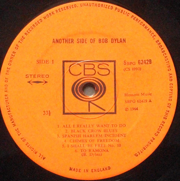 BOB DYLAN, Another Side Of Bob Dylan (CBS Orange (33 1/3 On Label); 62429, UK 1968, Laminated Front Sleeve, Stereo Text at Bottom of Rear Sleeve, No Printing Credit) LP VG+/VG+ - Image 3