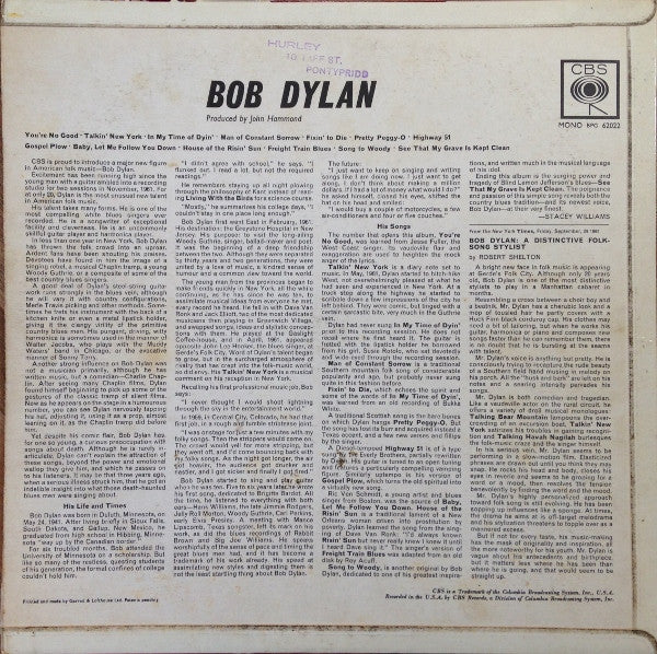 BOB DYLAN, Bob Dylan (CBS Orange (33 on Label); BPG 62022, UK 1964 Reissue, Laminated Flipback Sleeve, Mono) LP VG/G - Image 2