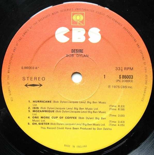 BOB DYLAN, Desire (CBS Orange/Yellow Made In England Bottom Of Label.; CBS 86003, UK 1976, Inner) LP VG/VG - Image 3