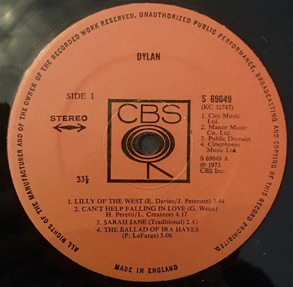 BOB DYLAN, Dylan (CBS Orange (33 1/3 On Label); S 69049, UK 1973) LP VG/VG - Image 3