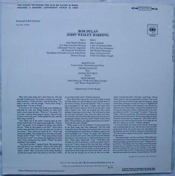 BOB DYLAN, John Wesley Harding (CBS; 63252, Portugal 1979 Reissue, Glossy Sleeve) LP VG/VG - Image 2