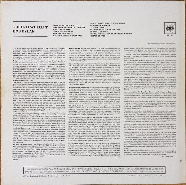 BOB DYLAN, The Freewheelin' Bob Dylan (CBS Smooth Orange (33 1/3 On Label); 62193, UK 1973 Reissue, Non-Flipback Laminated Front E.J. Day Sleeve, Stereo) LP VG/G+ - Image 2