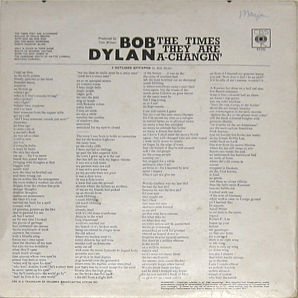 BOB DYLAN, The Times They Are A-Changin' (CBS Smooth Orange (33 1/3 On Label); 62251, UK 1970s Reissue, Non-Laminated Non-Flipback Sleeve, Stereo. A4/B5 Matrix), SALE - Up to 50% Off the Ori LP VG/VG+ - Image 2