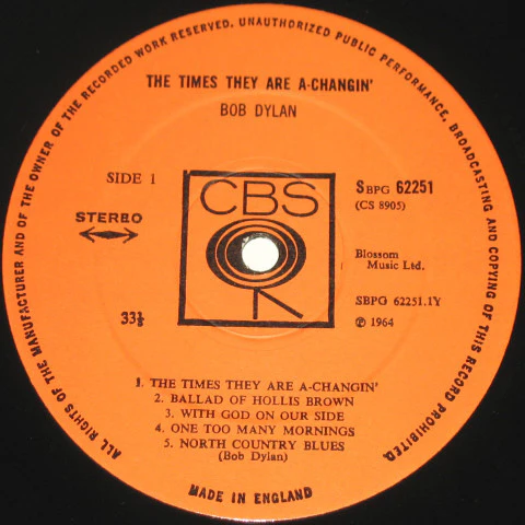 BOB DYLAN, The Times They Are A-Changin' (CBS Smooth Orange (33 1/3 On Label); 62251, UK 1970s Reissue, Non-Laminated Non-Flipback Sleeve, Stereo. A4/B5 Matrix) LP VG/G+ - Image 3
