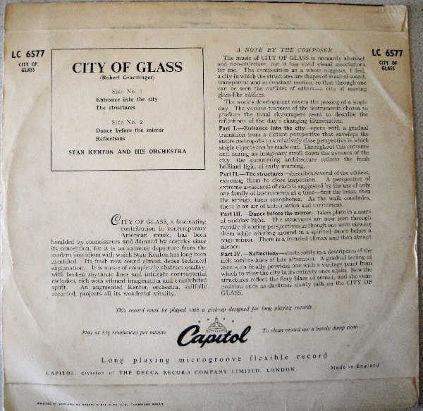 BOB GRAETTINGER / STAN KENTON, City Of Glass (Capitol Records; LC 6577, UK 1952, Flipback Sleeve) 10" VG/G+ - Image 2