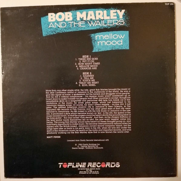 BOB MARLEY AND THE WAILERS, Mellow Mood (Topline Records; TOP 104, 	 1984, NO Barcode on back sleeve) LP VG/VG+ - Image 2
