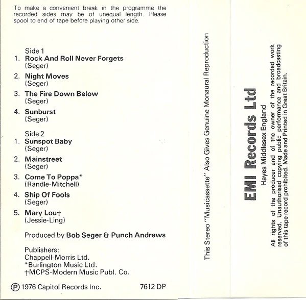 BOB SEGER, Night Moves (Capitol Records; TC-EA-ST 11557, UK 1976, J - Card) Cassette VG+/VG+ - Image 2