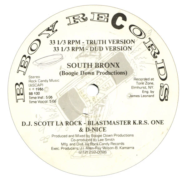 BOOGIE DOWN PRODUCTIONS, South Bronx / The "P" Is Free (B-Boy Records; BB 100, US 1986) 12" /VG+