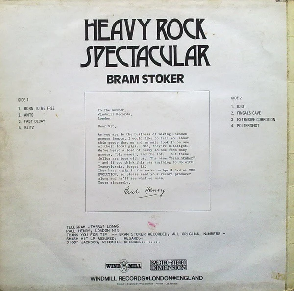 BRAM STOKER, Heavy Rock Spectacular (Windmill; WMD 117, UK 1972, Laminated Front Sleeve) LP VG/VG - Image 2