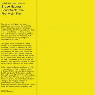 BRUCE NAUMAN, Soundtrack From First Violin Film (Blume ; 005, Italy 2017 Reissue, Inner & Insert With Obi Flap, Yellow Vinyl, Limited Edition of 300) LP EX/EX