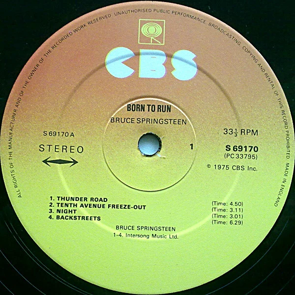BRUCE SPRINGSTEEN, Born To Run (CBS Orange/Yellow; S 69170, UK 1975, Gatefold, "Made in England" at 4 o'clock on rim. A5/B3) LP G+/VG+ - Image 3
