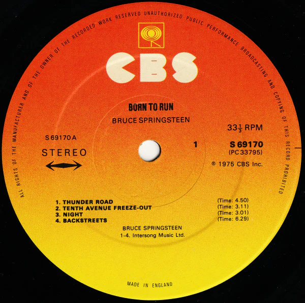 BRUCE SPRINGSTEEN, Born to Run (CBS Orange/Yellow "Made In England" Bottom Of Label; 69170, UK 1975, Gatefold, "John" Landau Misspelled.) LP VG/VG+ - Image 3