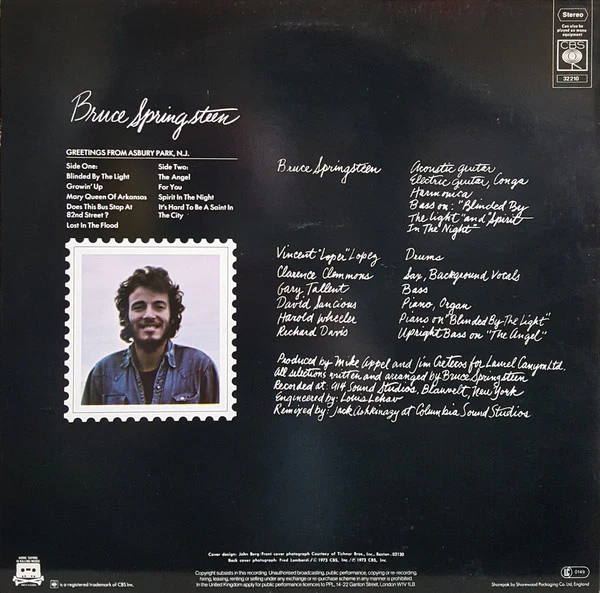 BRUCE SPRINGSTEEN, Greetings From Asbury Park (CBS Orange/Yellow; CBS 32210, UK 1982 Reissue, Company Inner, A4-B3) LP VG/VG - Image 2