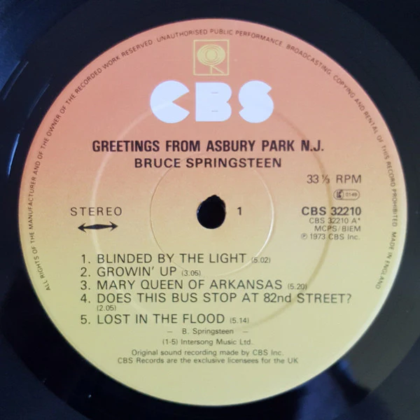 BRUCE SPRINGSTEEN, Greetings From Asbury Park (CBS Orange/Yellow; CBS 32210, UK 1982 Reissue, Company Inner, A4-B3) LP VG/VG - Image 3