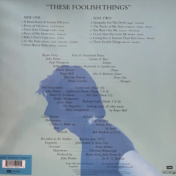 BRYAN FERRY, These Foolish Things (Virgin; BFLP1b, UK 2023 Reissue, 2 Inserts, Limited Edition, Remastered, 140g, Sky Blue Transparent Vinyl) LP NEW/NEW - Image 2