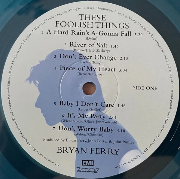 BRYAN FERRY, These Foolish Things (Virgin; BFLP1b, UK 2023 Reissue, 2 Inserts, Limited Edition, Remastered, 140g, Sky Blue Transparent Vinyl) LP NEW/NEW - Image 3