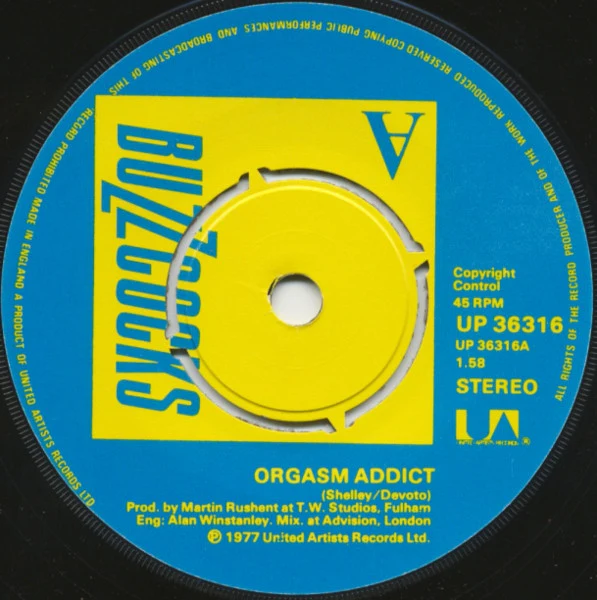 BUZZCOCKS, Orgasm Addict / What Ever Happened To? (United Artists Records; UP 36316, UK 1977, Picture Sleeve, "NICK W" Run Outs) 7" VG+/VG - Image 3