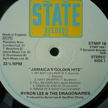 BYRON LEE, THE DRAGONAIRES & FRIENDS, Jamaica's Golden Hits (State Records; ETMP 16, UK 1978) LP VG/VG+ - Image 3