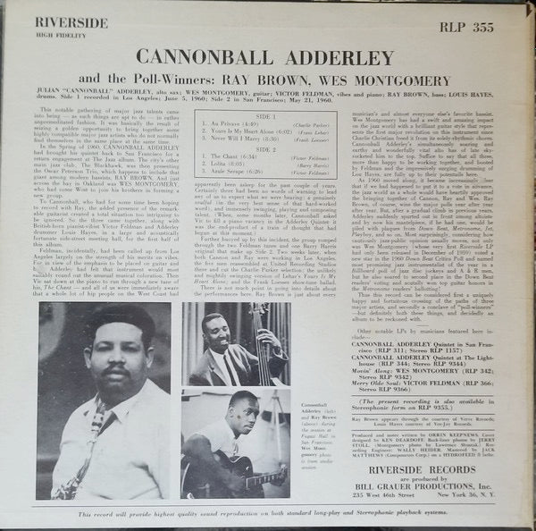 CANNONBALL ADDERLEY, Cannonball Adderley And The Poll-Winners Featuring Ray Brown And Wes Montgomery (Riverside Blue and White; RLP 355, UK 1960, Laminated Flipback Sleeve, Mono) LP VG+/VG+ - Image 2