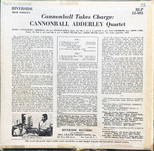 CANNONBALL ADDERLEY QUARTET, Cannonball Takes Charge (Riverside Records; RLP 12-303, US 1960 Reissue, Mono; Deep Groove; '235 West 46th Street' On Rear Sleeve), SALE - Up to 50% Off the Orig LP VG/VG - Image 2