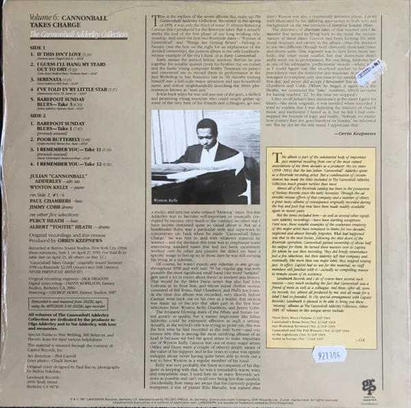 CANNONBALL ADDERLEY QUARTET, Cannonball Takes Charge (Landmark Records; LLP-1306, Switzerland 1987) LP VG/VG - Image 2