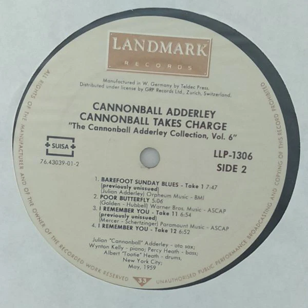 CANNONBALL ADDERLEY QUARTET, Cannonball Takes Charge (Landmark Records; LLP-1306, Switzerland 1987) LP VG/VG - Image 3