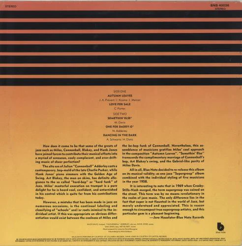CANNONBALL ADDERLEY, Somethin' Else (Blue Note; BNS 40036, UK 1979 Reissue) LP G+/VG - Image 2