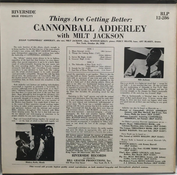 CANNONBALL ADDERLEY WITH MILT JACKSON, Things Are Getting Better (Riverside Records; RLP 12-286, US 1959 Reissue, Mono) LP VG/VG+ - Image 2