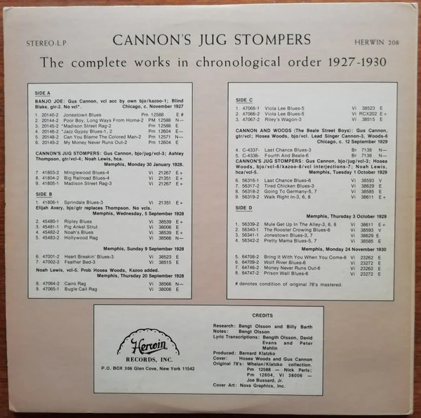 CANNON'S JUG STOMPERS, The Complete Works In Chronological Order 1927-1930 Including Gus Cannon As Banjo Joe (Herwin Records; 208, US 1970s) 2xLP G+/VG - Image 2