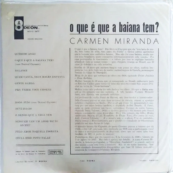 CARMEN MIRANDA, O Que E Que A Baiana Tem? (Odeon; MOFB 3477, Brazil 1966, Sandwich Sleeve) LP VG/G+ - Image 2