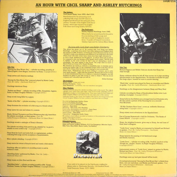 CECIL SHARP AND ASHLEY HUTCHINGS WITH GUESTS MARTIN CARTHY, RICHARD THOMPSON AND DAVE WHETSTONE, An Hour With Cecil Sharp and Ashley Hutchings (Dambuster Records; DAM 014, UK 1986) LP VG+/VG+ - Image 2