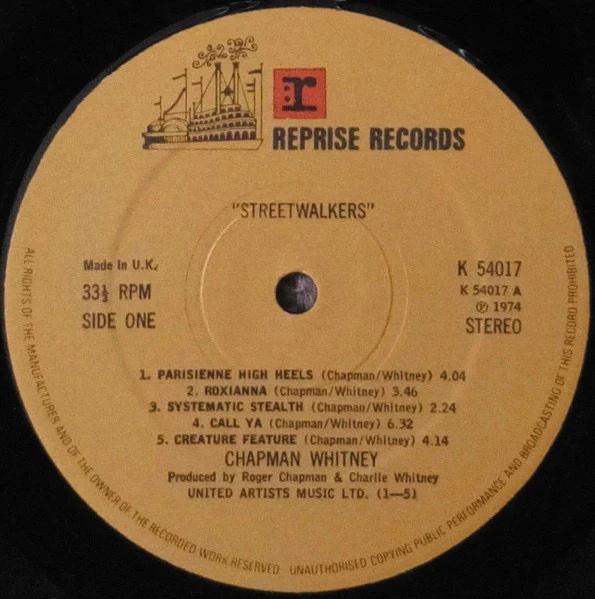 CHAPMAN-WHITNEY (FAMILY), Streetwalkers (Reprise Records Steamboat Labels; K 54017, UK 1974, Laminated Sleeve, Insert, KIP Runout) LP VG+/VG+ - Image 3