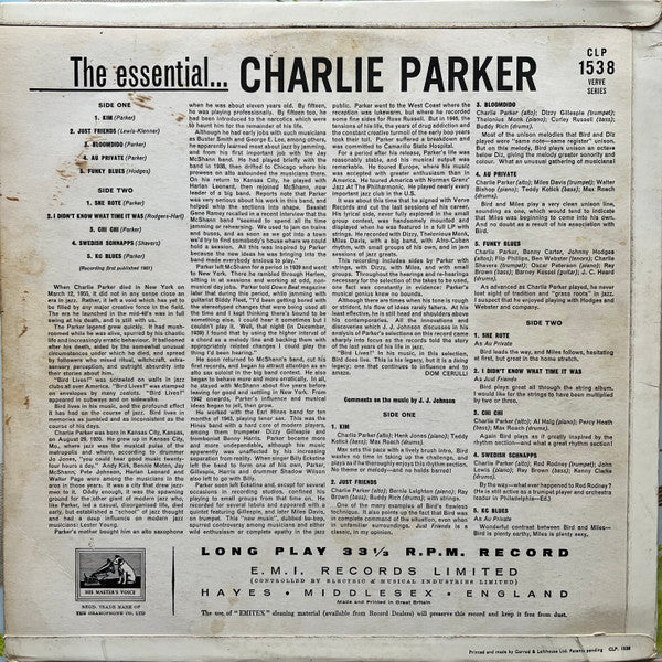 CHARLIE PARKER, The Essential Charlie Parker (HMV - Verve Series; CLP 1538, UK 1961, Flipback Sleeve, Mono) LP VG/VG - Image 2