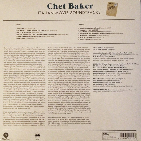 CHET BAKER, Italian Movie Soundtracks (WaxTime; 771870, Europe 2013 Reissue, 180 Gram Audiophile Pressing) LP NEW/NEW - Image 2