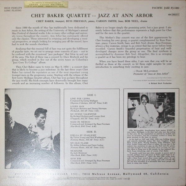 CHET BAKER QUARTET, Jazz At Ann Arbor (Pacific Jazz; PJ 1203, Spain 1984 Reissue) LP VG+/VG+ - Image 2