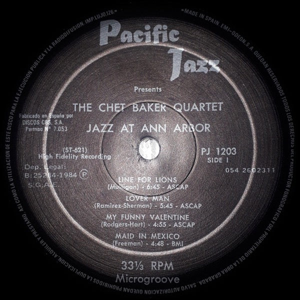 CHET BAKER QUARTET, Jazz At Ann Arbor (Pacific Jazz; PJ 1203, Spain 1984 Reissue) LP VG+/VG+ - Image 3