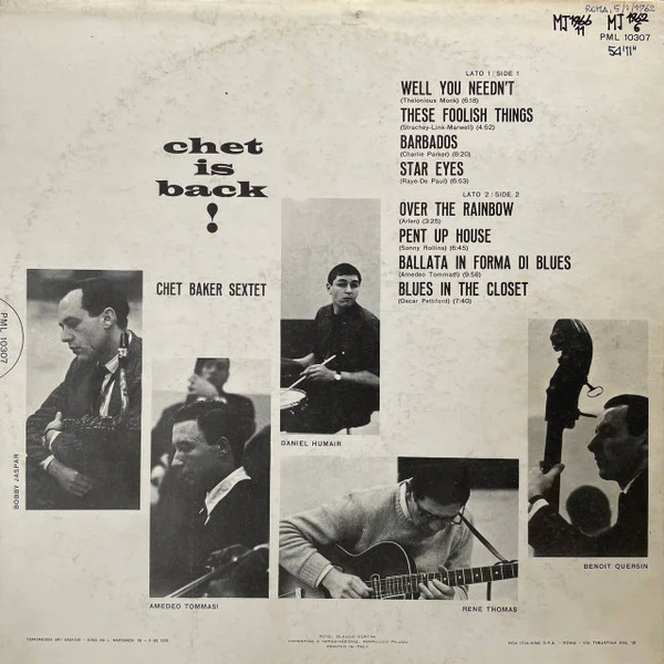 CHET BAKER SEXTET, Chet Is Back! (RCA Victor; PML 10307, Italy 1962, Inner) LP G/VG - Image 2