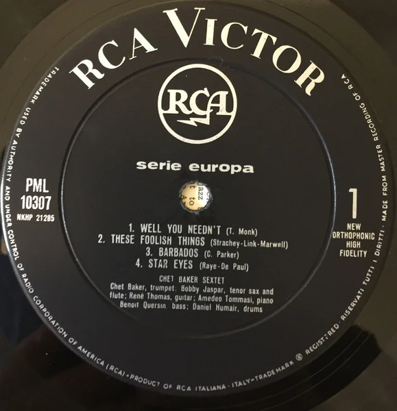 CHET BAKER SEXTET, Chet Is Back! (RCA Victor; PML 10307, Italy 1962, Inner) LP G/VG - Image 3