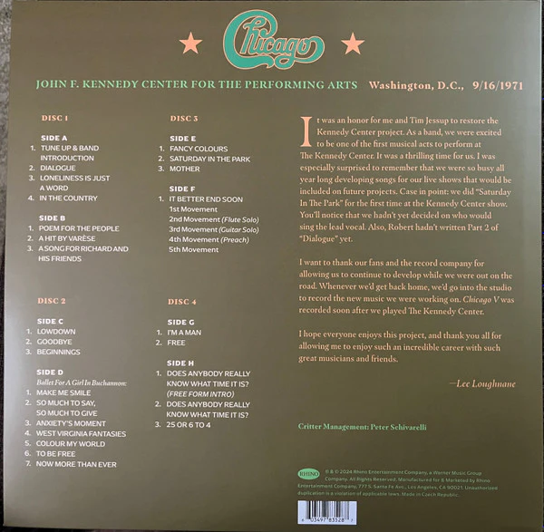 CHICAGO, Chicago At The John F. Kennedy Center For The Performing Arts, Washington D.C. (9/16/1971) (Rhino Records; R1 706223, UK, Europe & US 2024, Quadruple Gatefold), SALE - Up to 50% Off 4xLP EX/EX - Image 2