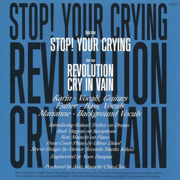 CHIN-CHIN, Stop! Your Crying (Optic Nerve Recordings ; ON312, UK 2021, Picture Sleeve, Poster & Postcard, Blue / Yellow Vinyl) 7" EX/EX - Image 2