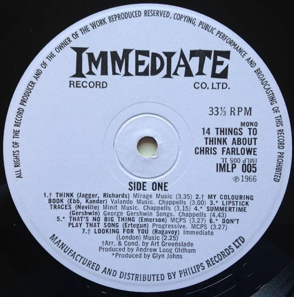 CHRIS FARLOWE, 14 Things to Think About (Immediate Lilac; IMLP005, UK 1966, Flipback Sleeve, Mono), SALE - Up to 50% Off the Original Price LP VG/G+ - Image 3